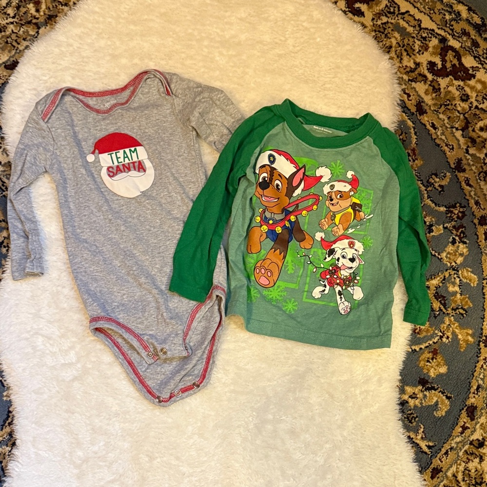 Christmas bodysuit  and Green Paw Patrol shirt Set 12mo